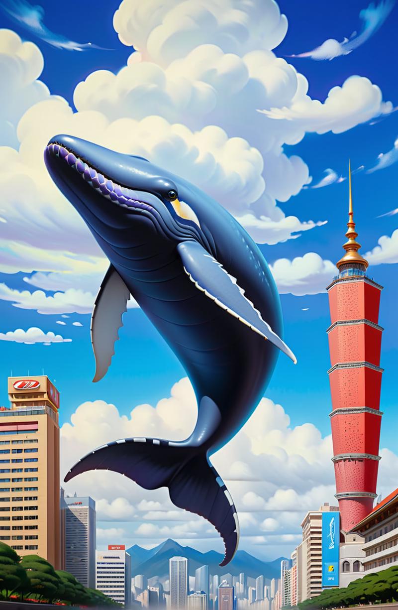 5072434-1879517278-style psychedelic art , oil painting, a big whale is in the sky , with blue sky and white clouds , and delow is taipei city and.png